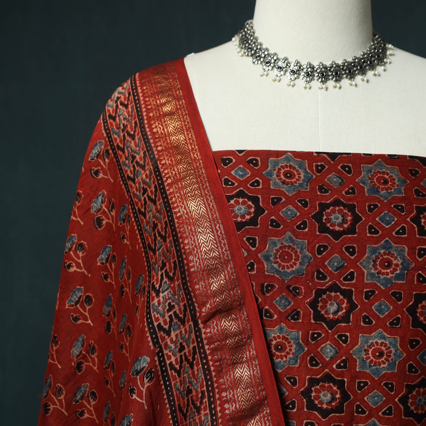 Red - Ajrakh Hand Block Print Natural Dyed Maheshwari Silk 2pc Unstitched Dress Material Kurta Set 21