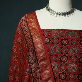 Red - Ajrakh Hand Block Print Natural Dyed Maheshwari Silk 2pc Unstitched Dress Material Kurta Set 21