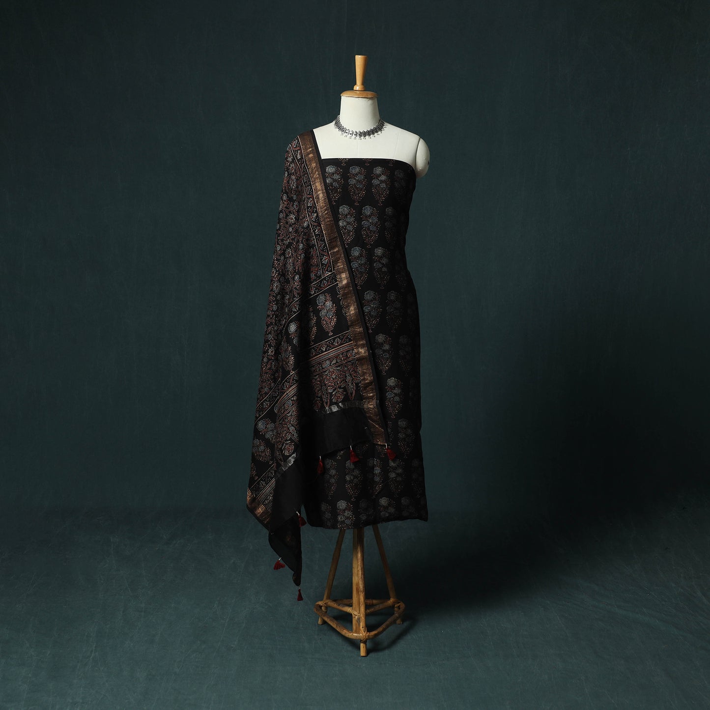 Black - Ajrakh Hand Block Print Natural Dyed Maheshwari Silk 2pc Unstitched Dress Material Kurta Set 22