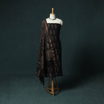Black - Ajrakh Hand Block Print Natural Dyed Maheshwari Silk 2pc Unstitched Dress Material Kurta Set 22