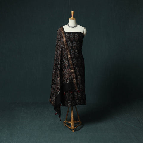 Black - Ajrakh Hand Block Print Natural Dyed Maheshwari Silk 2pc Unstitched Dress Material Kurta Set 22