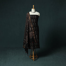 Black - Ajrakh Hand Block Print Natural Dyed Maheshwari Silk 2pc Unstitched Dress Material Kurta Set 22
