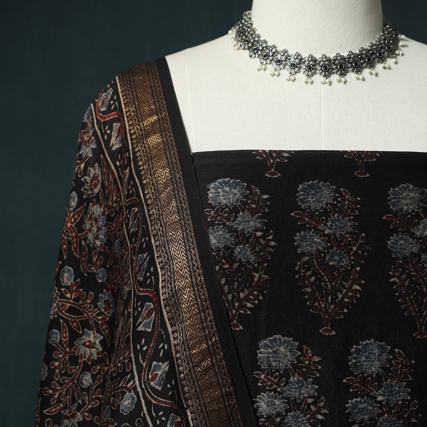Black - Ajrakh Hand Block Print Natural Dyed Maheshwari Silk 2pc Unstitched Dress Material Kurta Set 22