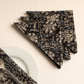 Set of 4 - Black Kalamkari Block Printed Cotton Table Napkins