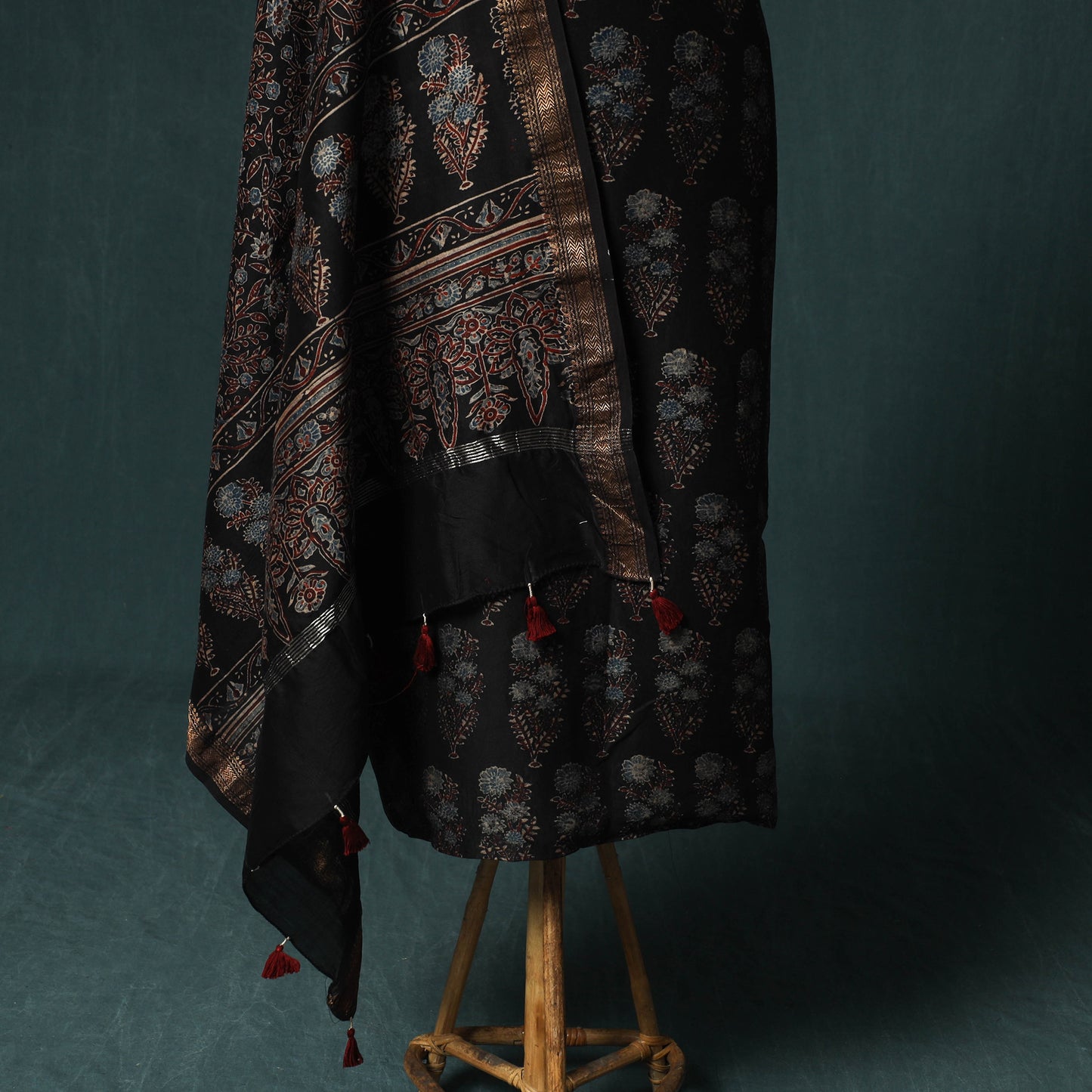 Black - Ajrakh Hand Block Print Natural Dyed Maheshwari Silk 2pc Unstitched Dress Material Kurta Set 22