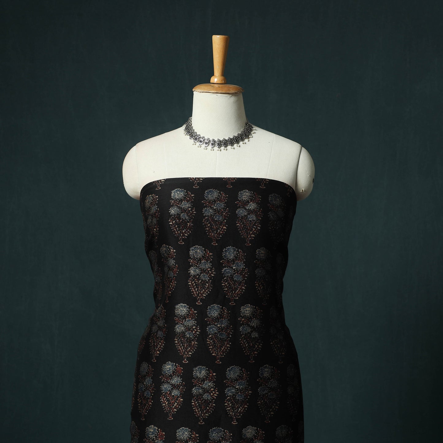 Black - Ajrakh Hand Block Print Natural Dyed Maheshwari Silk 2pc Unstitched Dress Material Kurta Set 22