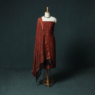 Red - Ajrakh Hand Block Print Natural Dyed Maheshwari Silk 2pc Unstitched Dress Material Kurta Set 23