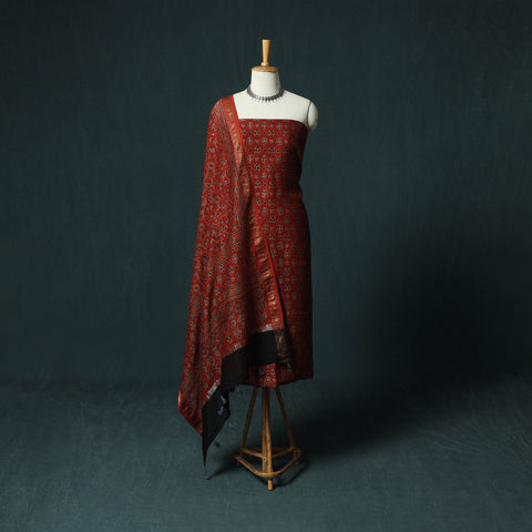 Red - Ajrakh Hand Block Print Natural Dyed Maheshwari Silk 2pc Unstitched Dress Material Kurta Set 23