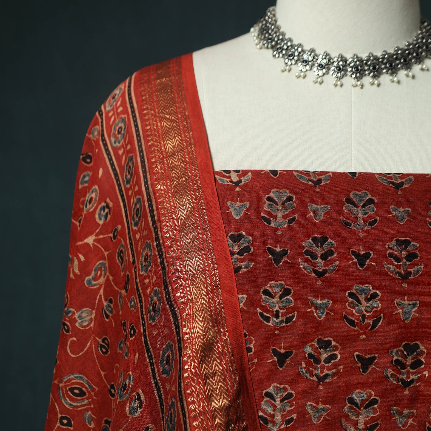 Red - Ajrakh Hand Block Print Natural Dyed Maheshwari Silk 2pc Unstitched Dress Material Kurta Set 23