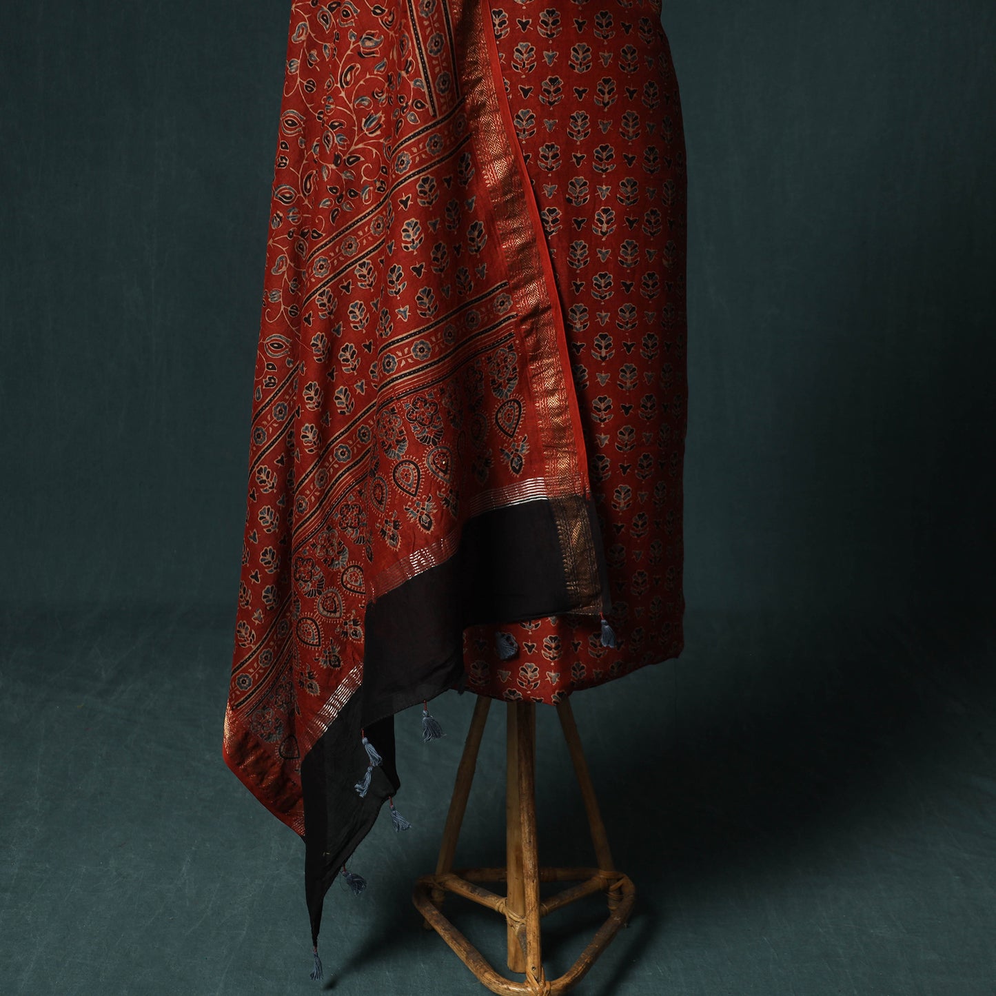 Red - Ajrakh Hand Block Print Natural Dyed Maheshwari Silk 2pc Unstitched Dress Material Kurta Set 23