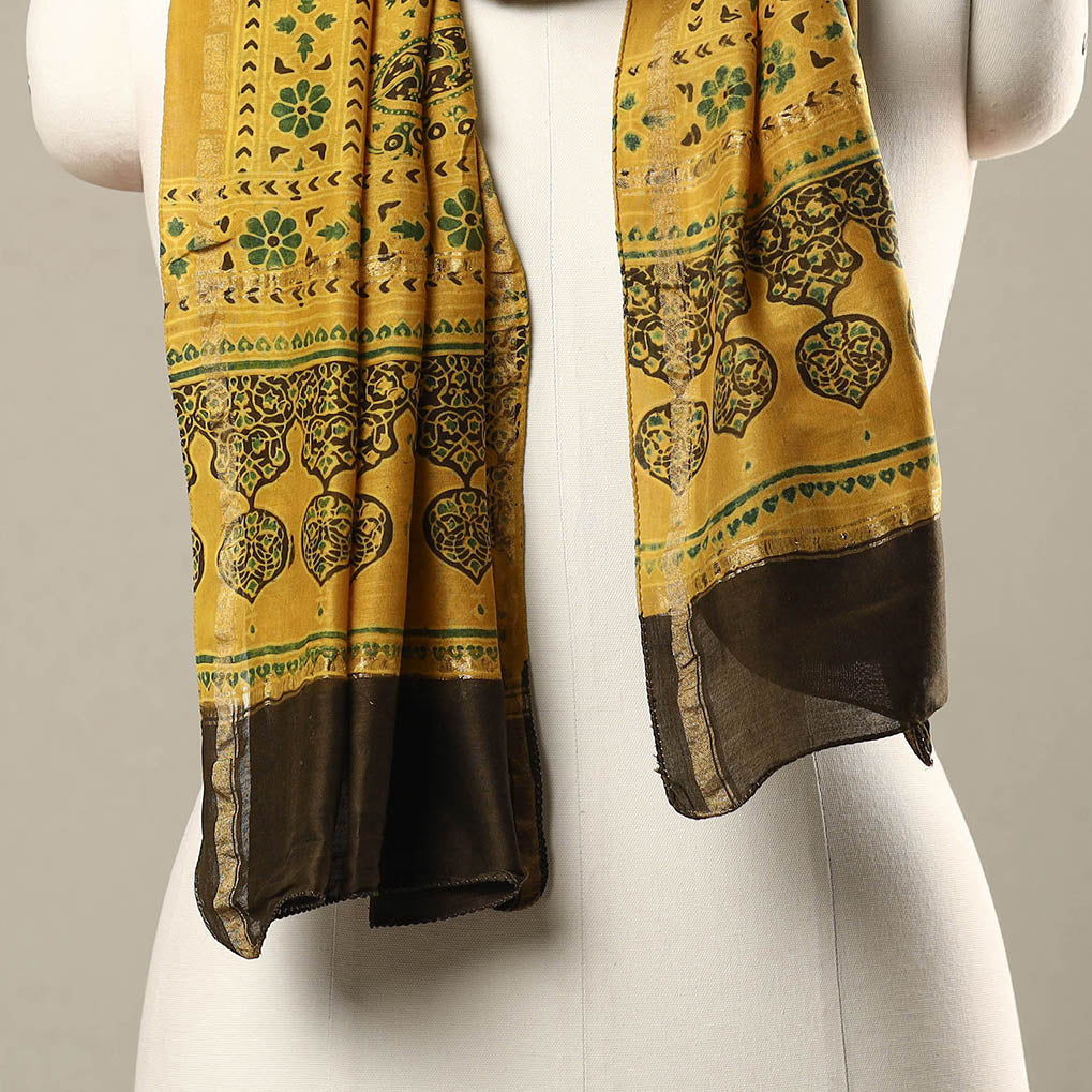 Yellow - Handloom Chanderi Silk Block Printed Ajrakh Stole 05