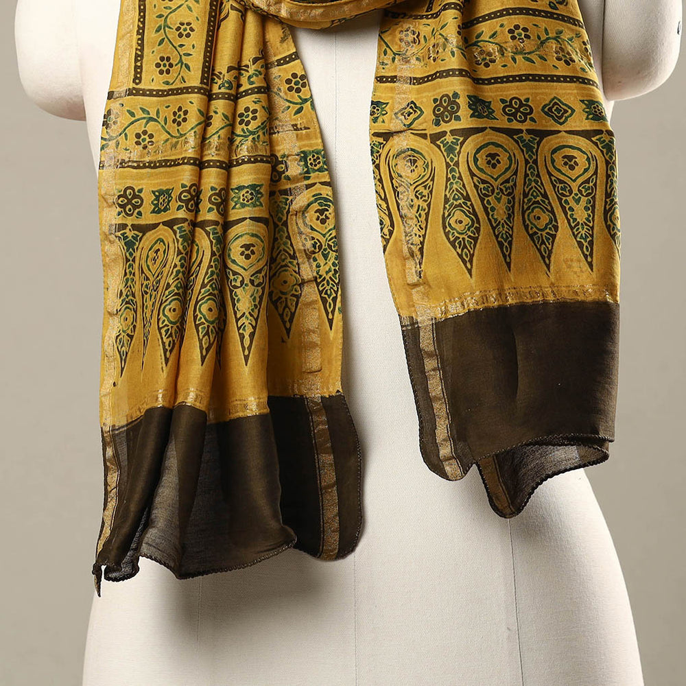 Yellow - Handloom Chanderi Silk Block Printed Ajrakh Stole 07