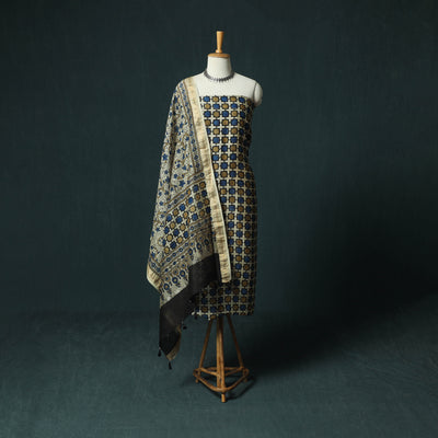 Beige - Ajrakh Hand Block Print Natural Dyed Maheshwari Silk 2pc Unstitched Dress Material Kurta Set 24