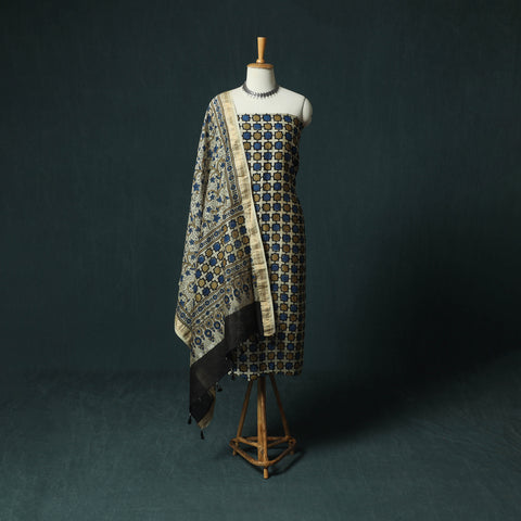 Beige - Ajrakh Hand Block Print Natural Dyed Maheshwari Silk 2pc Unstitched Dress Material Kurta Set 24
