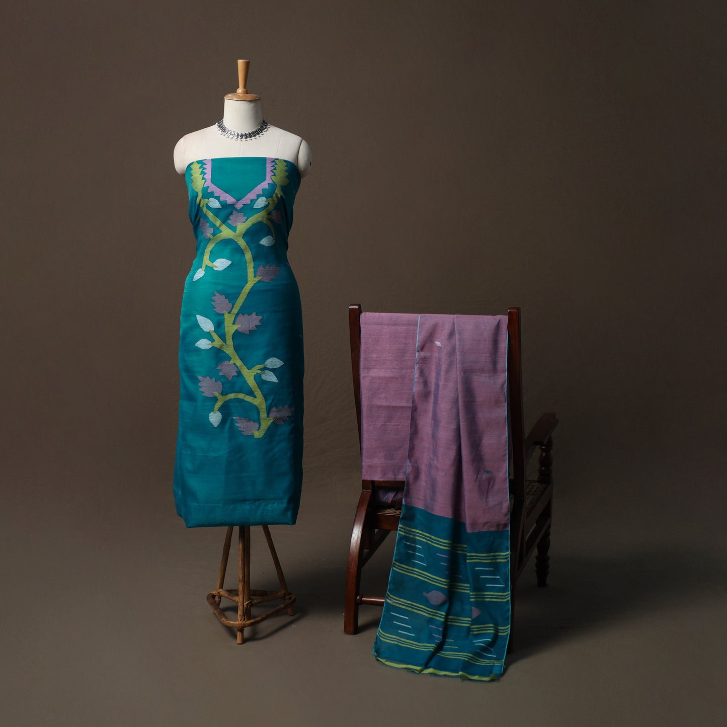 Phulia Jamdani Silk Cotton 3pc Unstitched Dress Material Suit Set 45