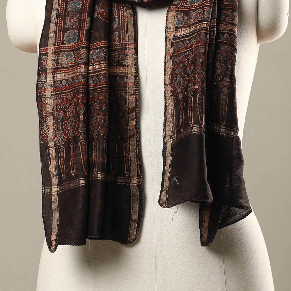 Black - Handloom Chanderi Silk Block Printed Ajrakh Stole 08