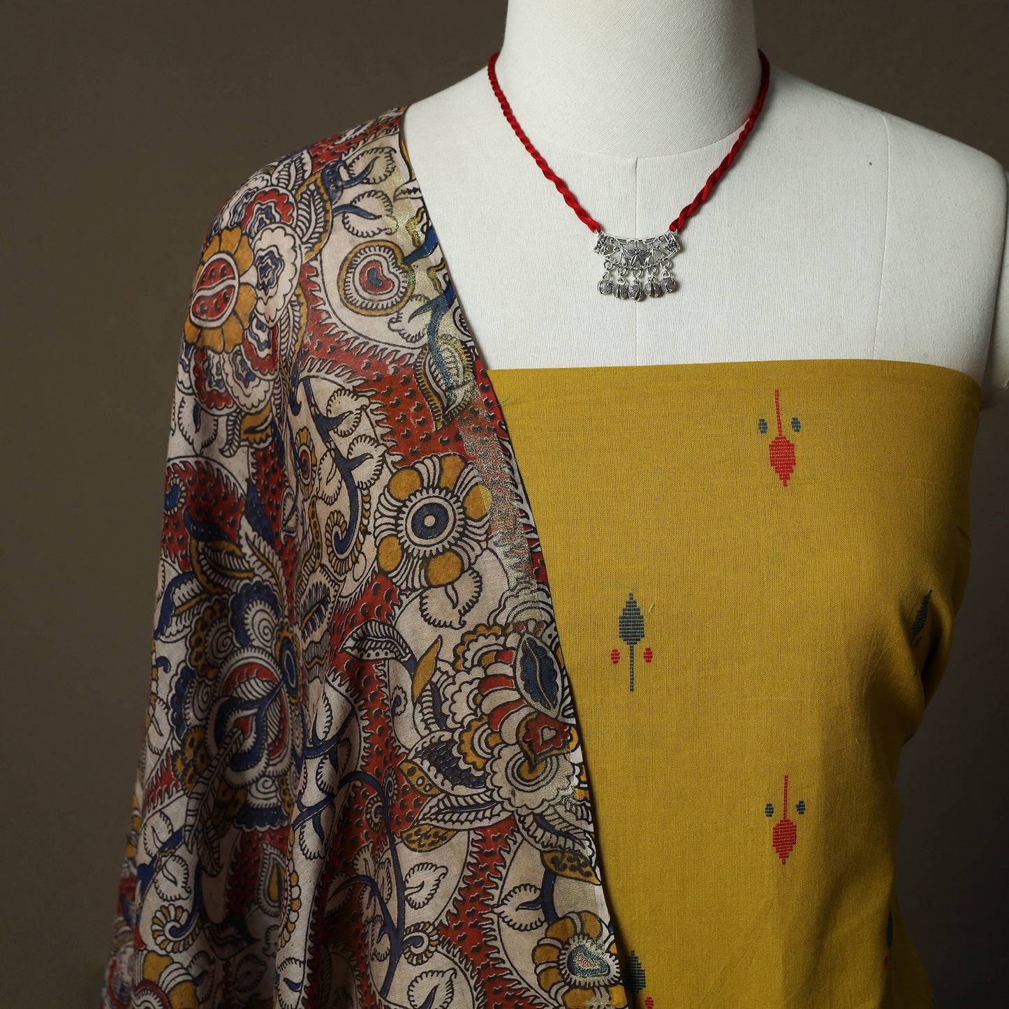 Jacquard Woven Cotton 2pc Unstitched Dress Material Kurta Set with Jewellery 07
