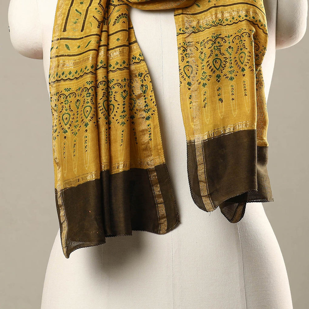 Yellow - Handloom Chanderi Silk Block Printed Ajrakh Stole 14