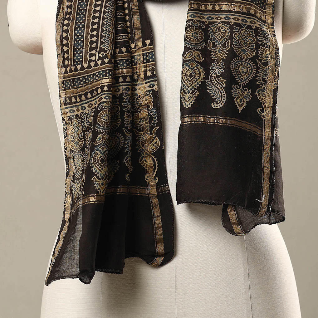 Black - Handloom Chanderi Silk Block Printed Ajrakh Stole 15