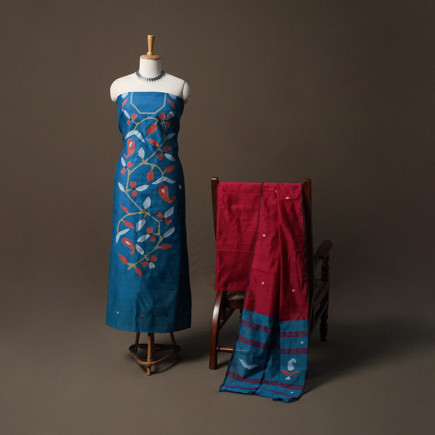 Phulia Jamdani Silk Cotton 3pc Unstitched Dress Material Suit Set 46