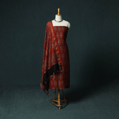 Red - Ajrakh Hand Block Print Natural Dyed Maheshwari Silk 2pc Unstitched Dress Material Kurta Set 25