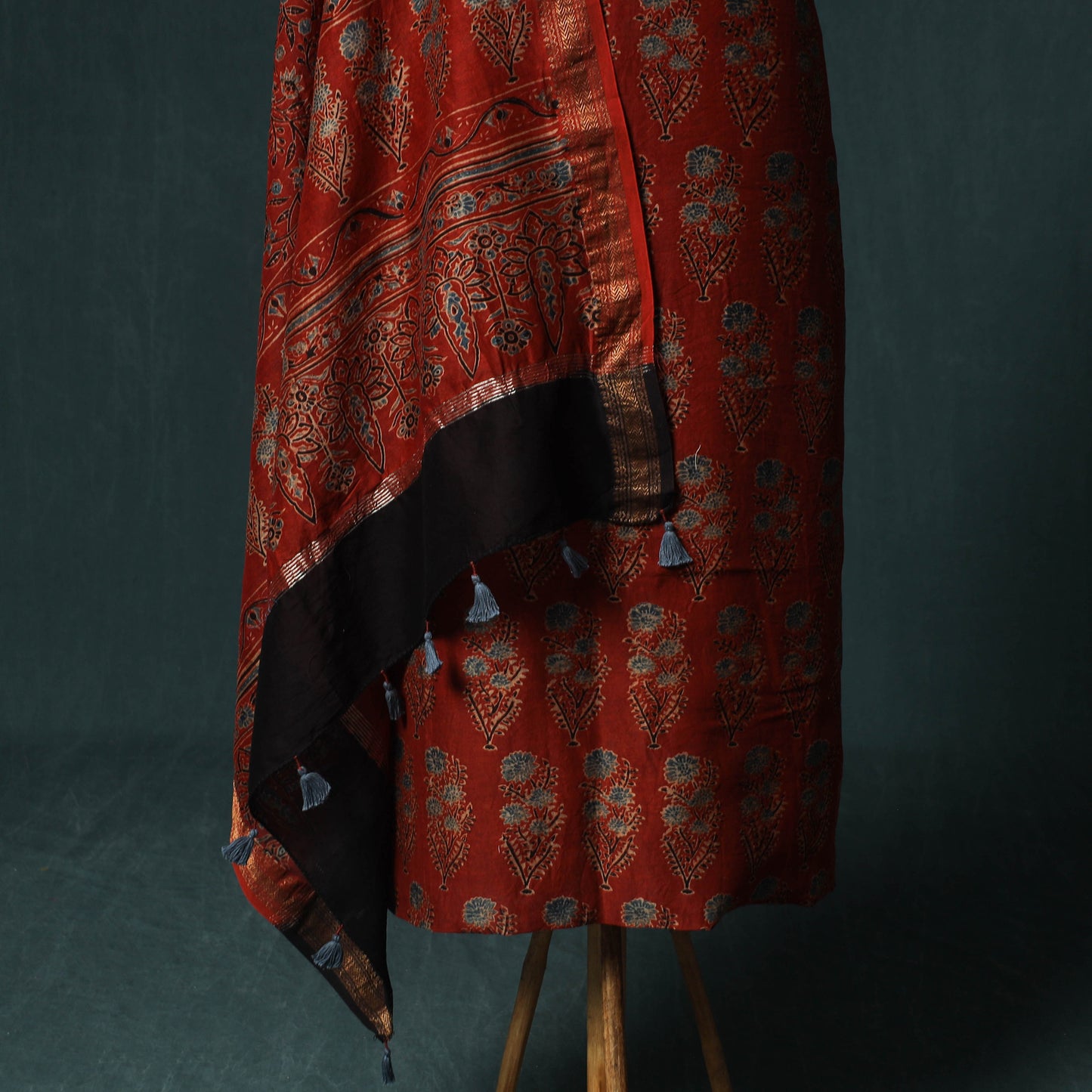 Red - Ajrakh Hand Block Print Natural Dyed Maheshwari Silk 2pc Unstitched Dress Material Kurta Set 25