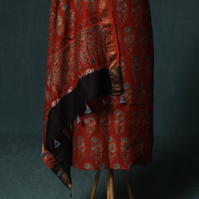 Red - Ajrakh Hand Block Print Natural Dyed Maheshwari Silk 2pc Unstitched Dress Material Kurta Set 25