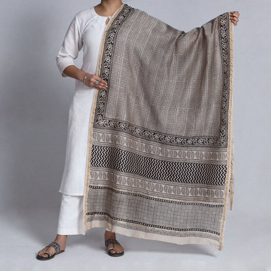 Grey - Bagh Block Printed Natural Dyed Chanderi Silk Handloom Dupatta with Zari Border
