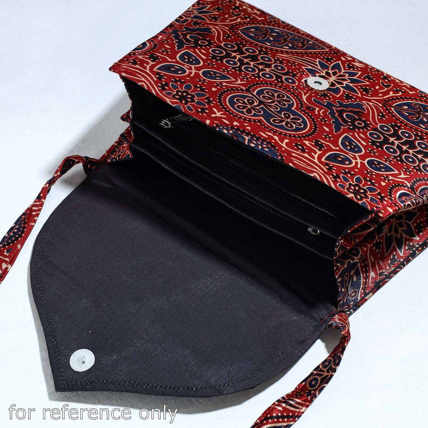 Black - Handcrafted Ajrakh Mashru Silk Sling Bag with Leather Flap