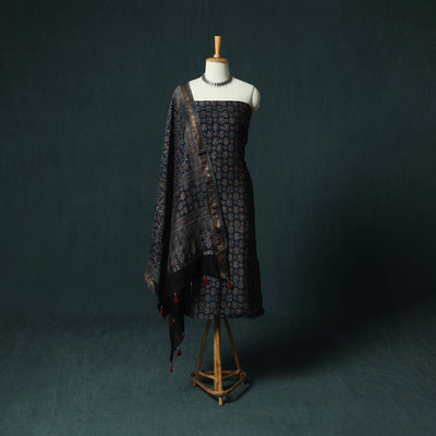 Blue - Ajrakh Hand Block Print Natural Dyed Maheshwari Silk 2pc Unstitched Dress Material Kurta Set 26