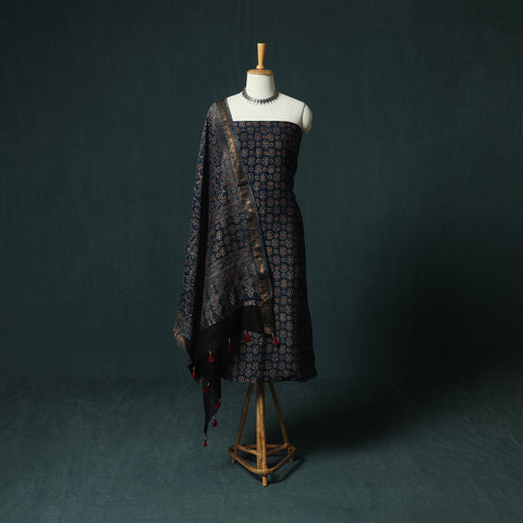 Blue - Ajrakh Hand Block Print Natural Dyed Maheshwari Silk 2pc Unstitched Dress Material Kurta Set 26