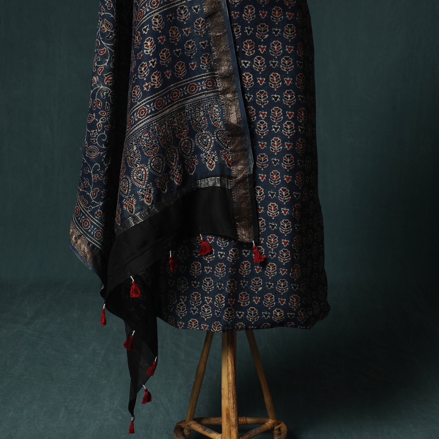 Blue - Ajrakh Hand Block Print Natural Dyed Maheshwari Silk 2pc Unstitched Dress Material Kurta Set 26