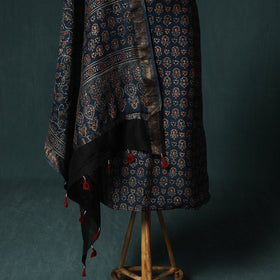 Blue - Ajrakh Hand Block Print Natural Dyed Maheshwari Silk 2pc Unstitched Dress Material Kurta Set 26