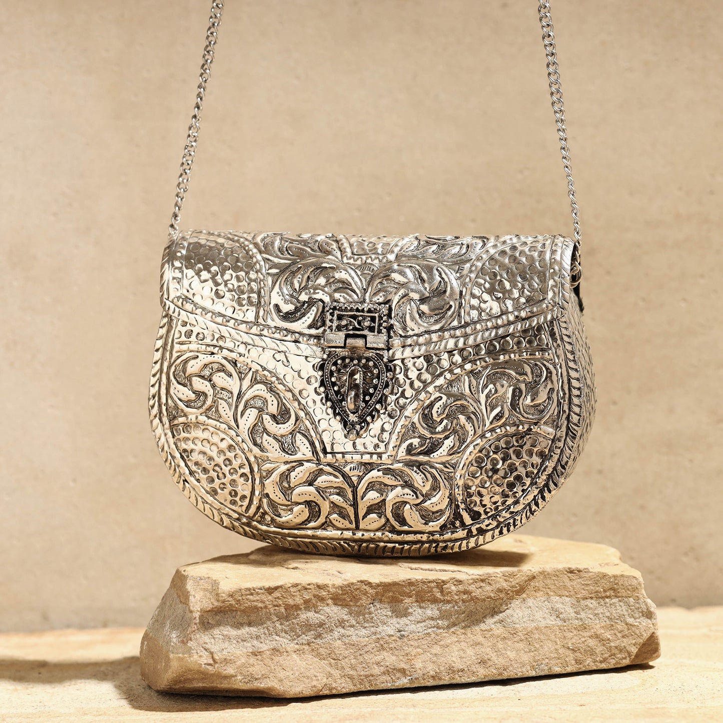 Grey - Brass Metal Self Designed Antique Sling Clutch