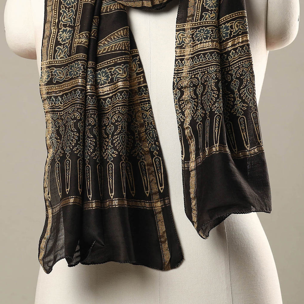 Black - Handloom Chanderi Silk Block Printed Ajrakh Stole 20