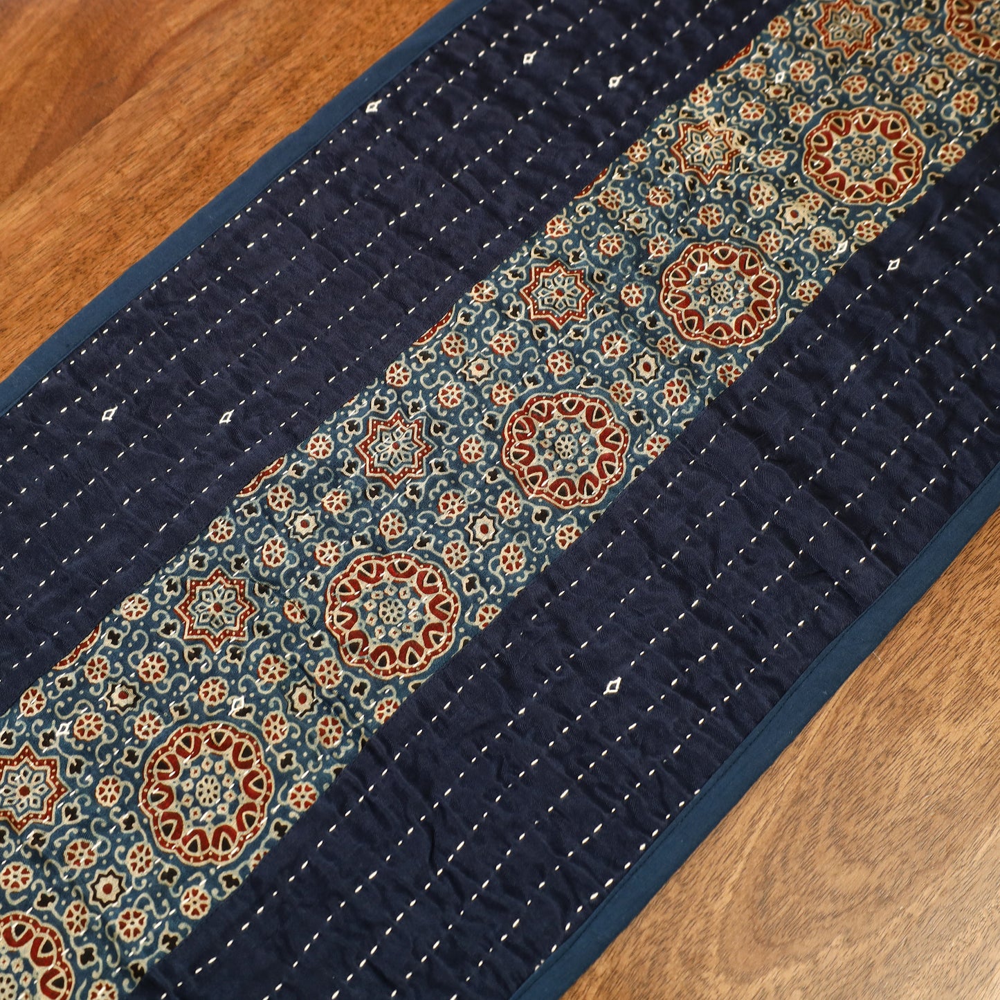 Kutch Tagai Ajrakh Patchwork Mashru Silk Table Runner (48 x 14 in) 08