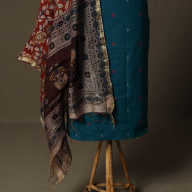 Jacquard Woven Cotton 2pc Unstitched Dress Material Kurta Set with Jewellery 09