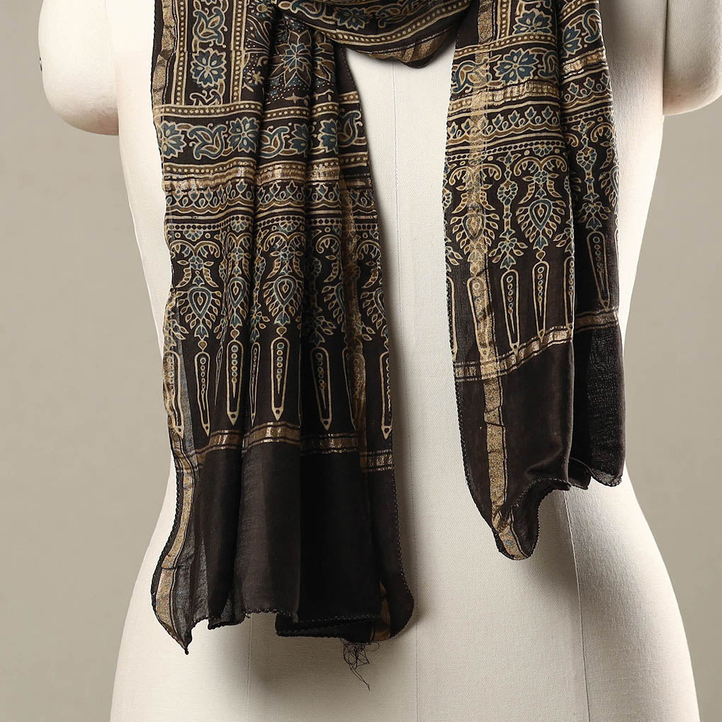 Black - Handloom Chanderi Silk Block Printed Ajrakh Stole 21