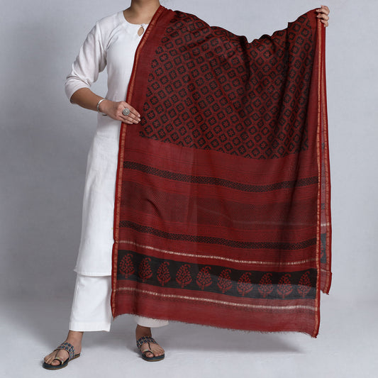 Red - Bagh Block Printed Natural Dyed Chanderi Silk Handloom Dupatta with Zari Border