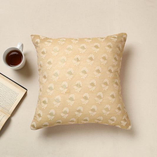 Yellow - Banarasi Handwoven Zari Work Silk Cotton Cushion Cover (16 x 16 in) 02