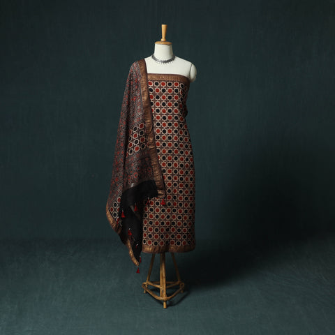 Brown - Ajrakh Hand Block Print Natural Dyed Maheshwari Silk 2pc Unstitched Dress Material Kurta Set 28