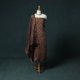 Brown - Ajrakh Hand Block Print Natural Dyed Maheshwari Silk 2pc Unstitched Dress Material Kurta Set 28