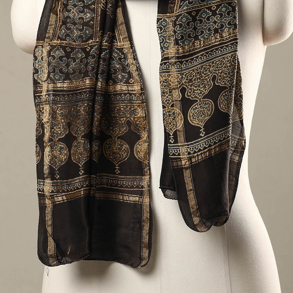 Black - Handloom Chanderi Silk Block Printed Ajrakh Stole 10