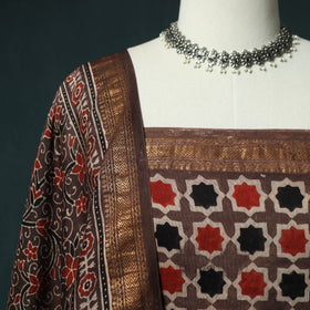 Brown - Ajrakh Hand Block Print Natural Dyed Maheshwari Silk 2pc Unstitched Dress Material Kurta Set 28