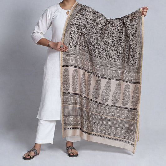 Black - Bagh Block Printed Natural Dyed Chanderi Silk Handloom Dupatta with Zari Border