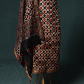 Brown - Ajrakh Hand Block Print Natural Dyed Maheshwari Silk 2pc Unstitched Dress Material Kurta Set 28