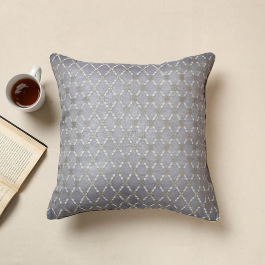 Grey - Banarasi Handwoven Zari Work Silk Cotton Cushion Cover (16 x 16 in) 03