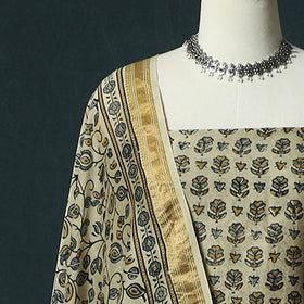 Beige - Ajrakh Hand Block Print Natural Dyed Maheshwari Silk 2pc Unstitched Dress Material Kurta Set 29