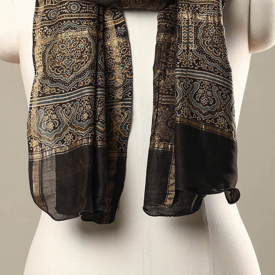 Black - Handloom Chanderi Silk Block Printed Ajrakh Stole 17