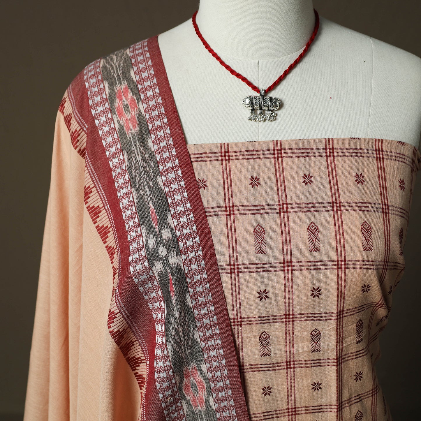 Jacquard Woven Cotton 2pc Unstitched Dress Material Kurta Set with Jewellery 10